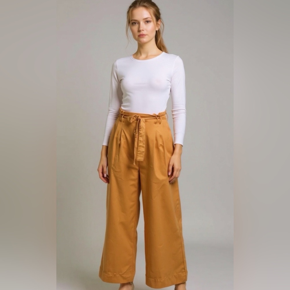 Skies Are Blue Women's Camel Brown Wide Leg minimalist Baggy Loose Fit Pants